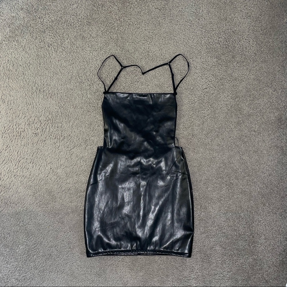 Black faux leather backless mini dress